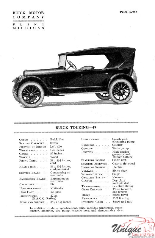 1921 Buick Specifications Brochure Page 1